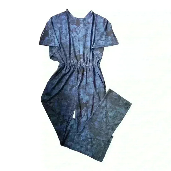 HALSTON Blue and Black Dyed Marble Print Tie Dye Jumpsuit Size Large - Picture 1 of 10